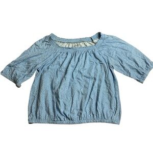 LOFT Light Blue Polka Dot Smocked Neck Cotton Blouse - Medium